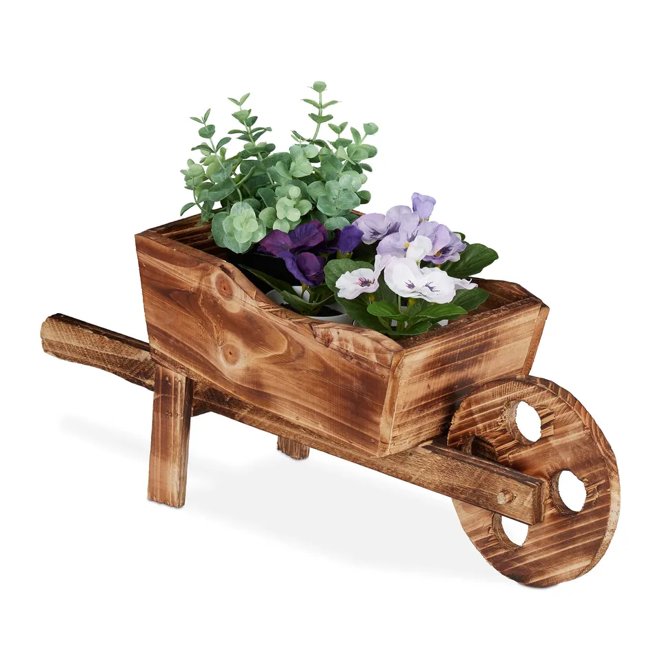 relaxdays-pflanzschubkarre-gebranntes-holz-natur-gartendeko-vintage image 1
