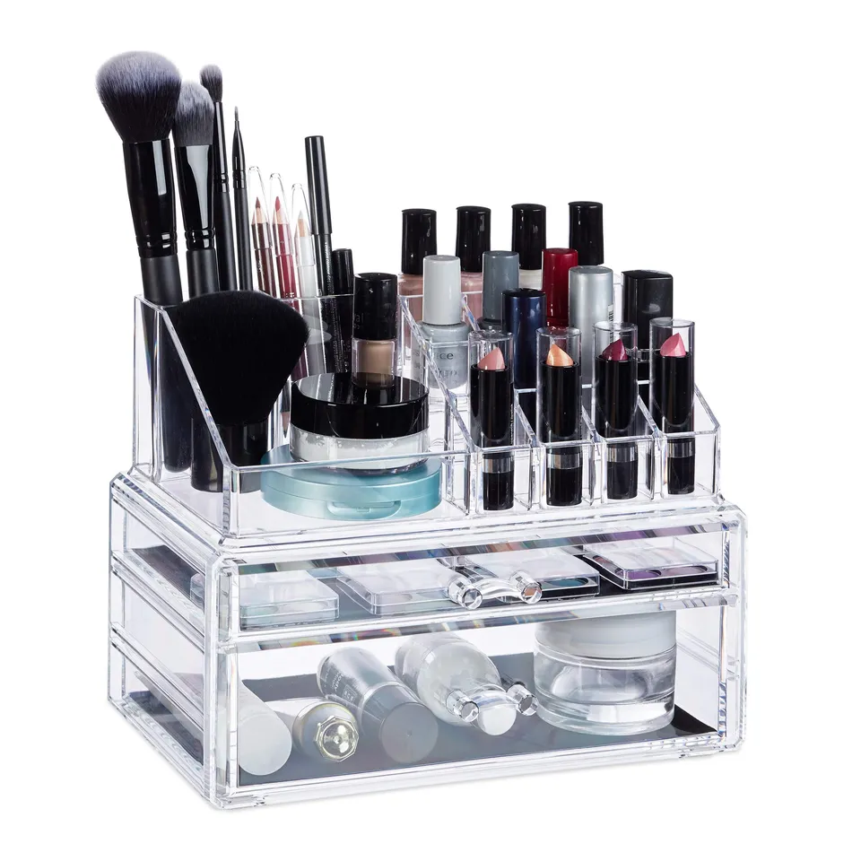 relaxdays-make-up-organizer-transparent-mit-2-schubladen-kosmetikorganizer image 1