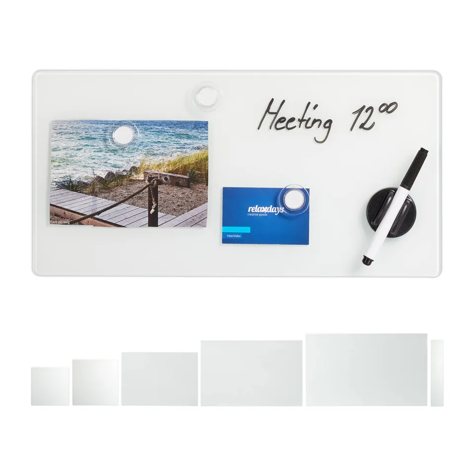 relaxdays-magnettafel-glas-20x40-cm-wei-magnetboard-mit-3-magneten-marker image 1