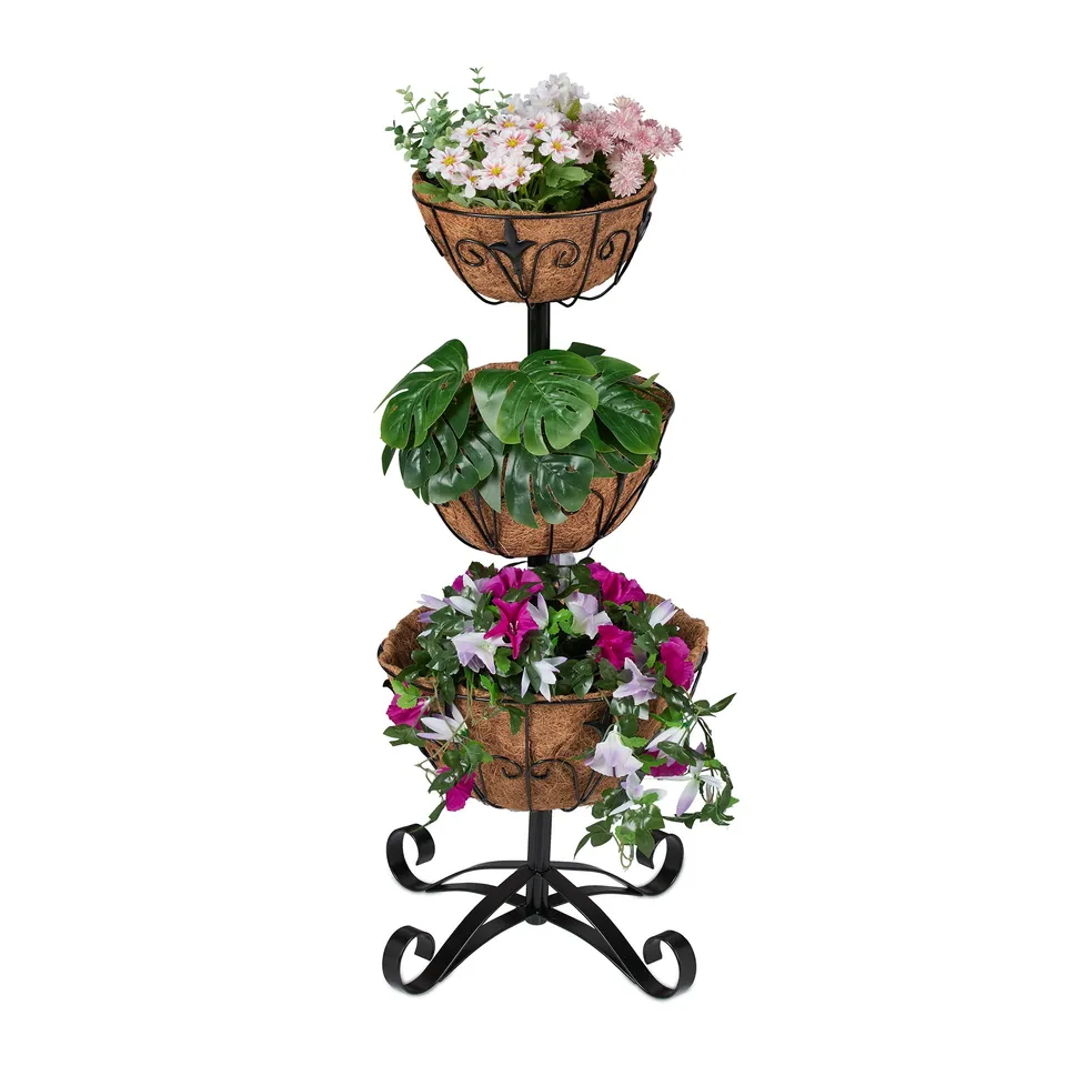 relaxdays-blumenst-nder-3-etagen-stahl-mit-kokos-schalen-schwarz-natur image 1