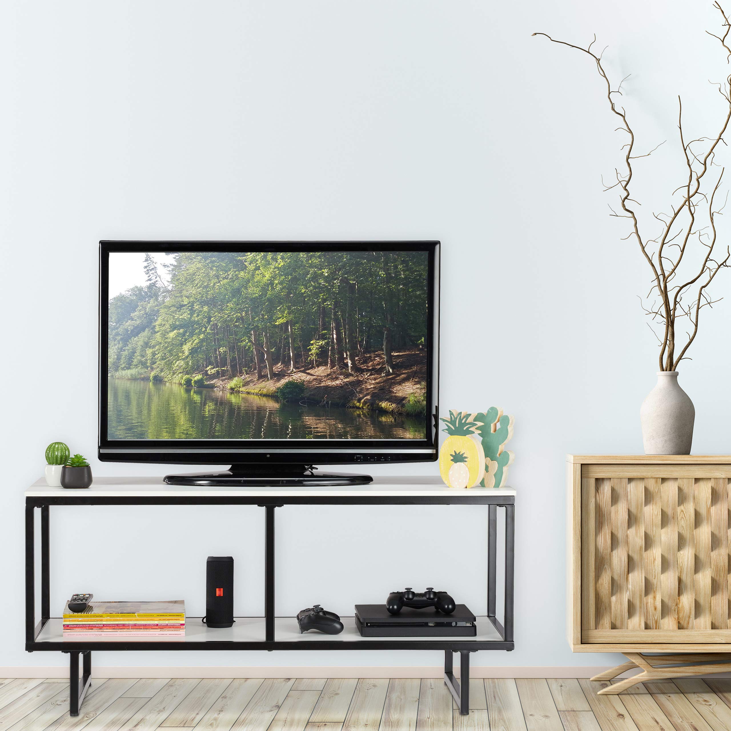 relaxdays-tv-lowboard-110-5cm-mit-2-ablagen-wei-schwarz image 2