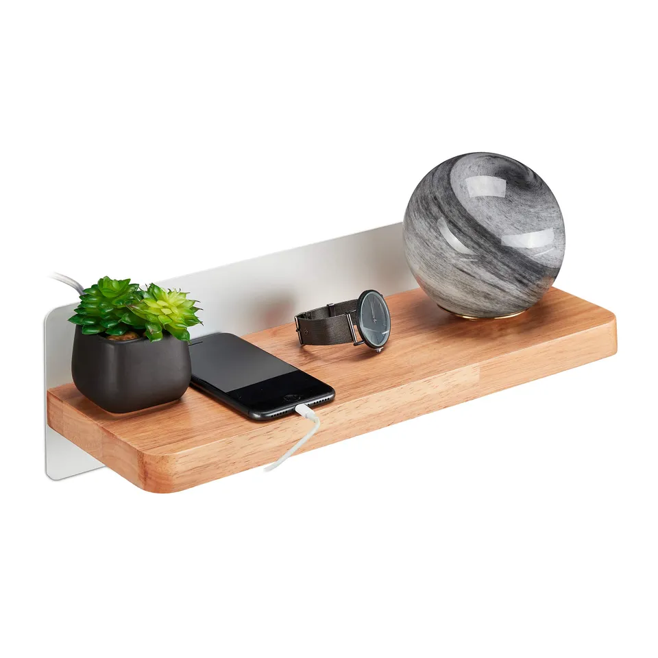 relaxdays-wandregal-holz-glas-mit-usb-und-wandlampe-natur-grau image 1