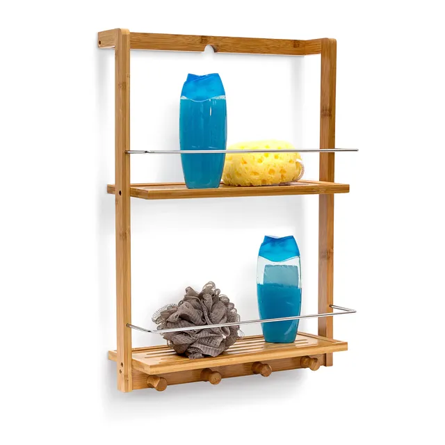 relaxdays-duschregal-bambus-h-ngeregal-53-x-38-x-15-5-cm-mit-2-b-den-und-4-haken image 1