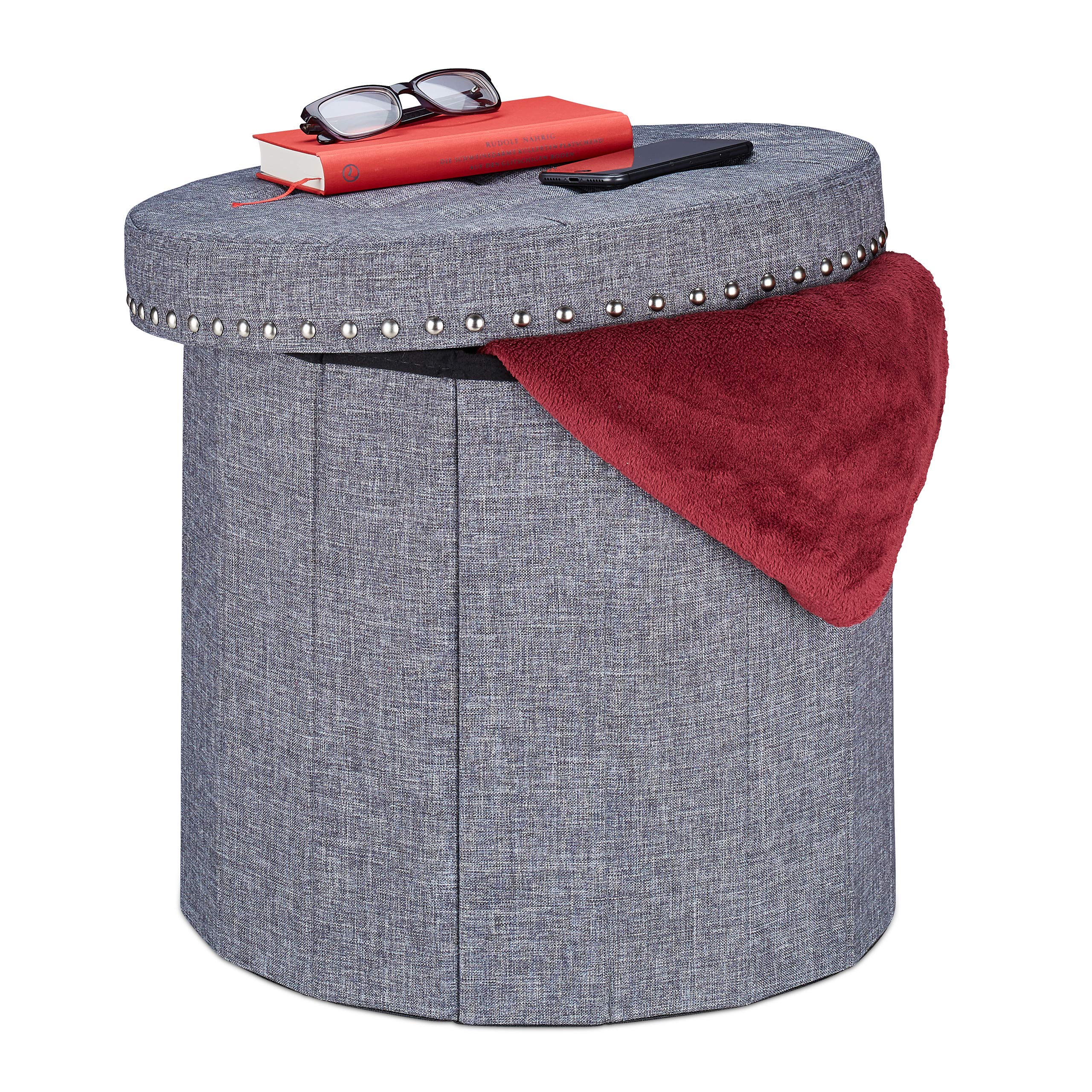 relaxdays-sitzhocker-mit-stauraum-rund-grau-43x46-cm-faltbar-300-kg image 1