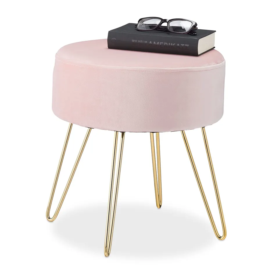 relaxdays-samthocker-rund-polsterhocker-40x40-cm-rosa-mit-goldenen-beinen image 1