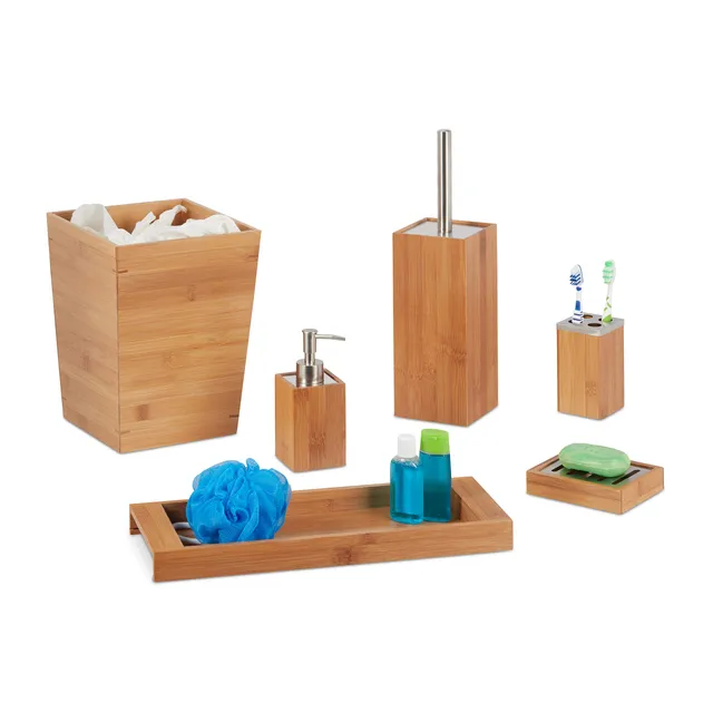 relaxdays-bad-set-6-teilig-bambus-natur-mit-seifenspender-und-ablage image 1