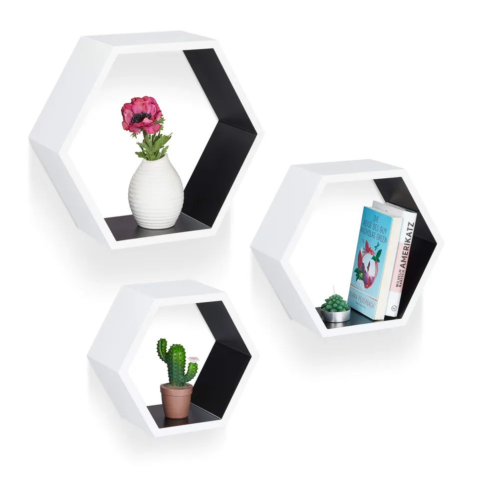 relaxdays-wandregal-sechseckig-3er-set-wabenregal-wei-schwarz image 1