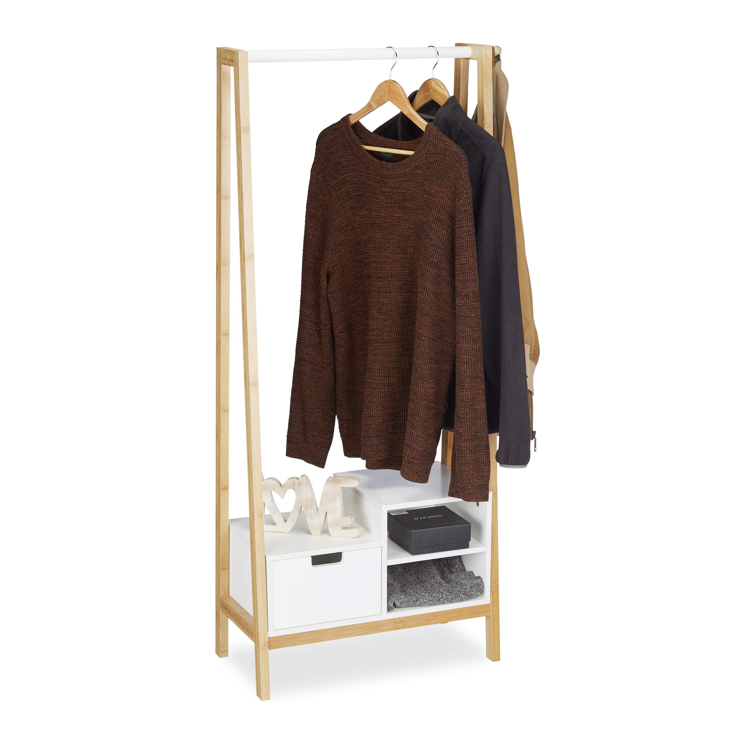 relaxdays-garderobenst-nder-bambus-mdf-mit-schublade-139-5x64-5x31-cm-natur-weis image 1