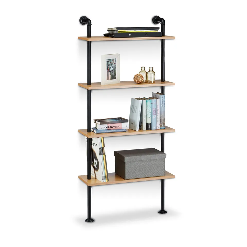 relaxdays-wandregal-industrie-vintage-mit-4-ablagen-142-5-x-60-x-24-cm-natur image 1