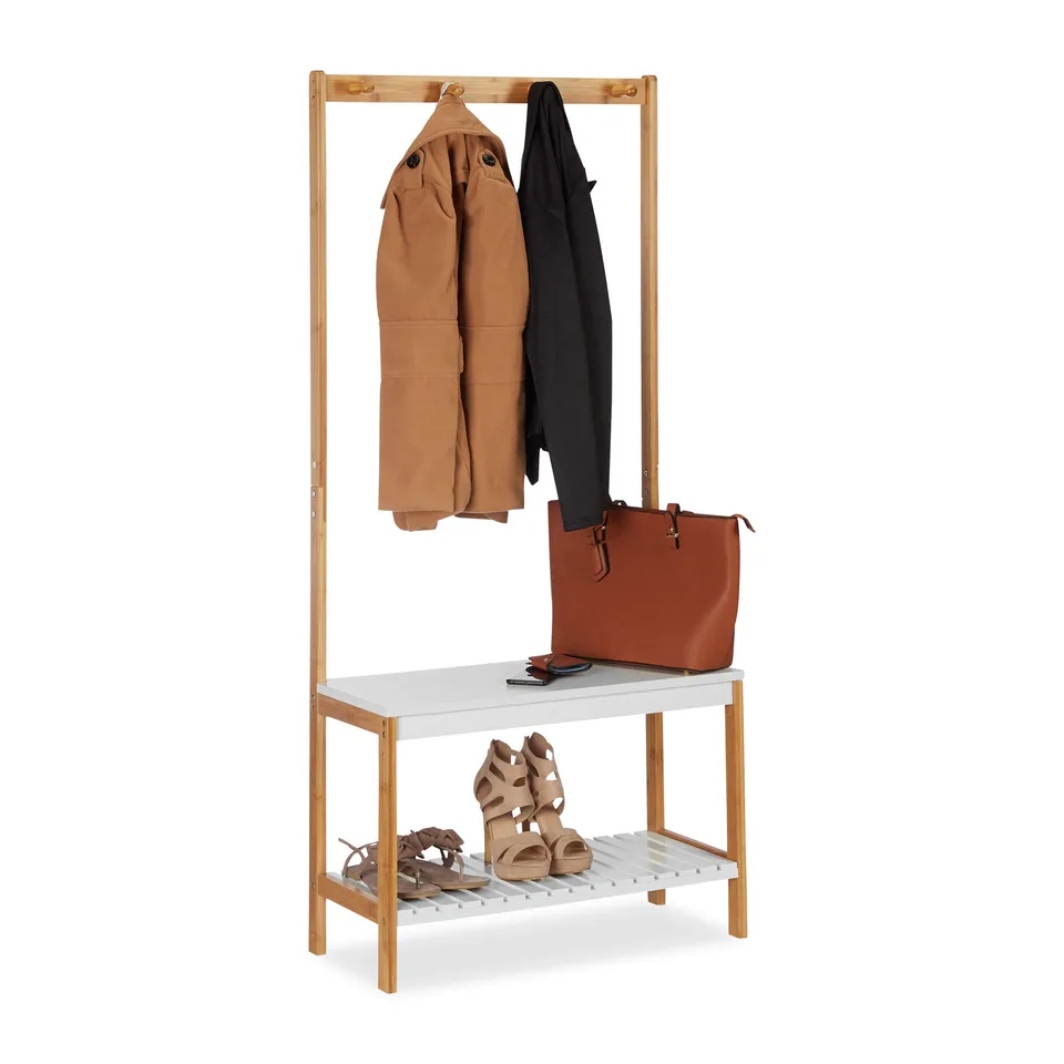 relaxdays-garderobenst-nder-mit-schuhregal-4-haken-natur-wei image 1