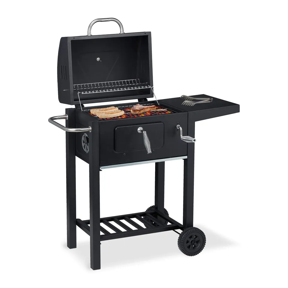 relaxdays-holzkohlegrill-grillwagen-bbq-smoker-schwarz-mit-deckel image 1