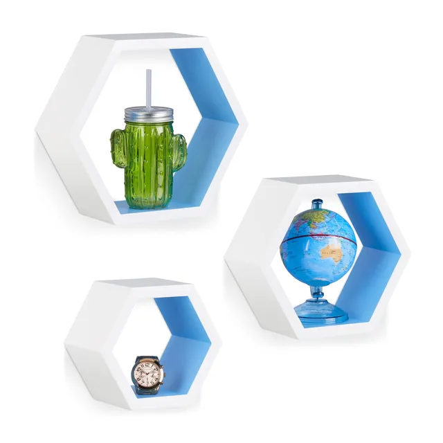 relaxdays-wandregale-sechseckig-3er-set-mdf-wei-blau image 1