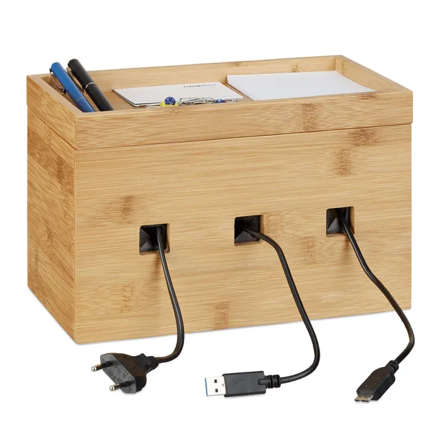 relaxdays-kabelbox-bambus-ladestation-natur image 1