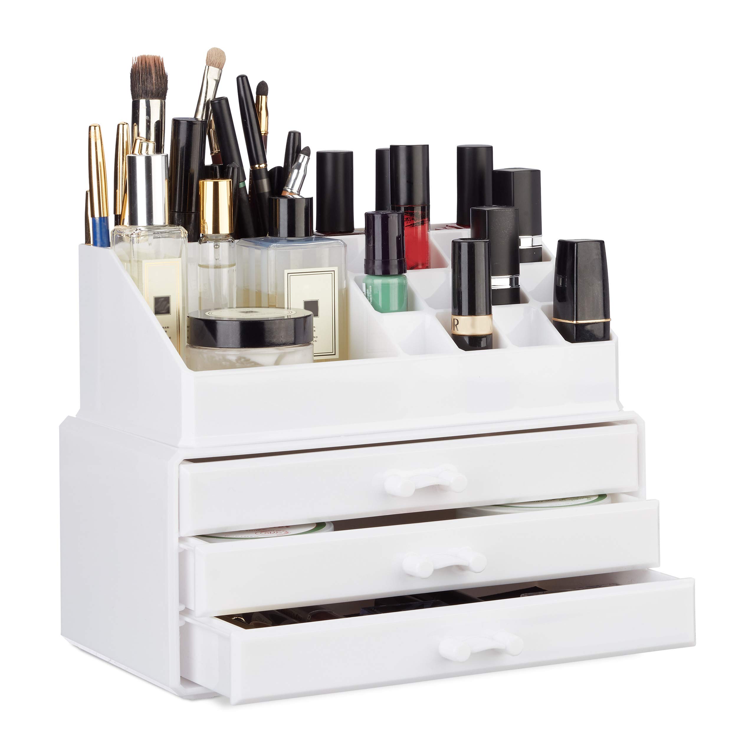 relaxdays-make-up-organizer-klein-wei-kosmetik-aufsteller-mit-3-schubladen image 1