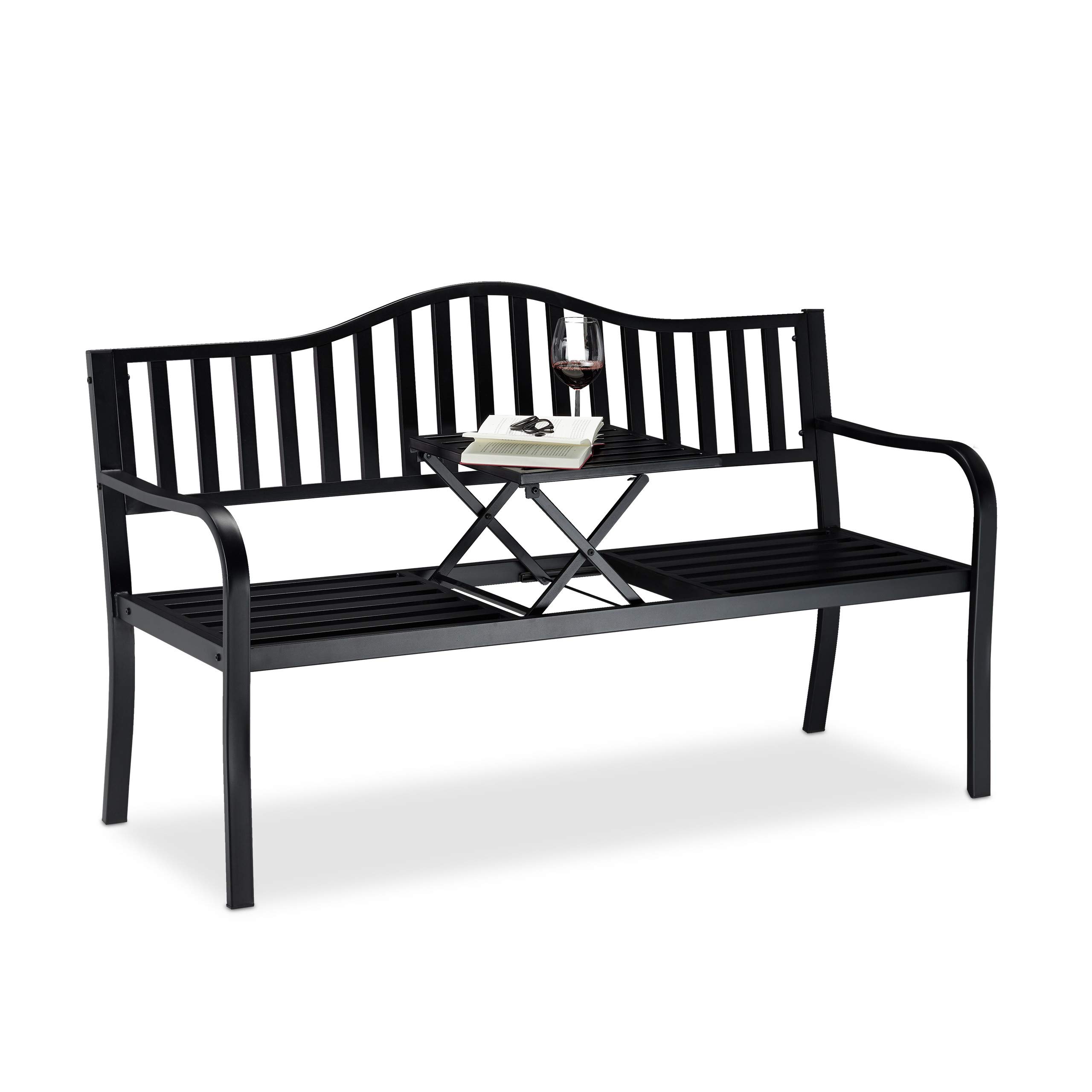 relaxdays-gartenbank-3-sitzer-schwarz-mit-klapptisch-150x57-5x90-cm image 1