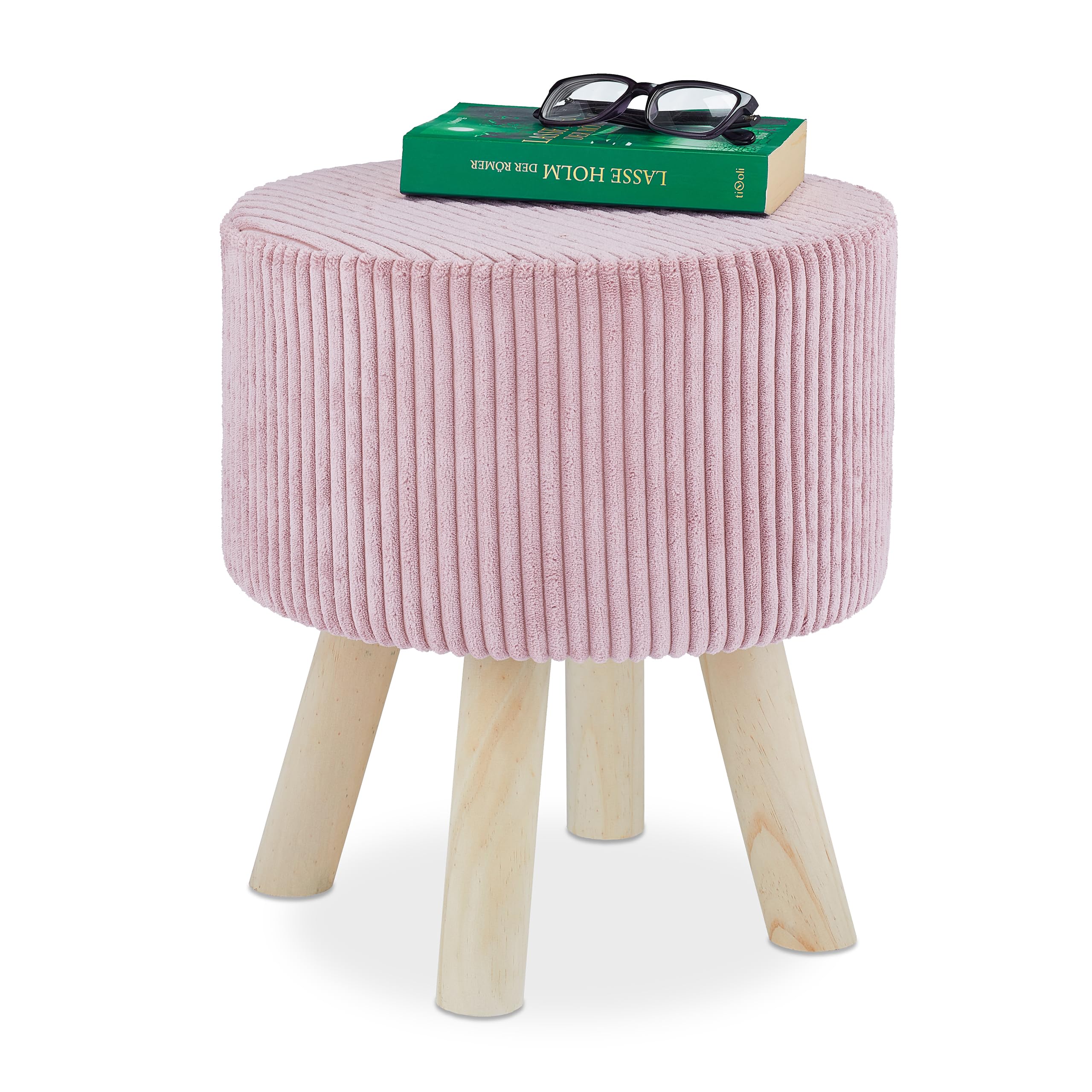 relaxdays-samthocker-rund-rosa-kordsamt-41-x-37-cm-mit-holzbeinen image 1