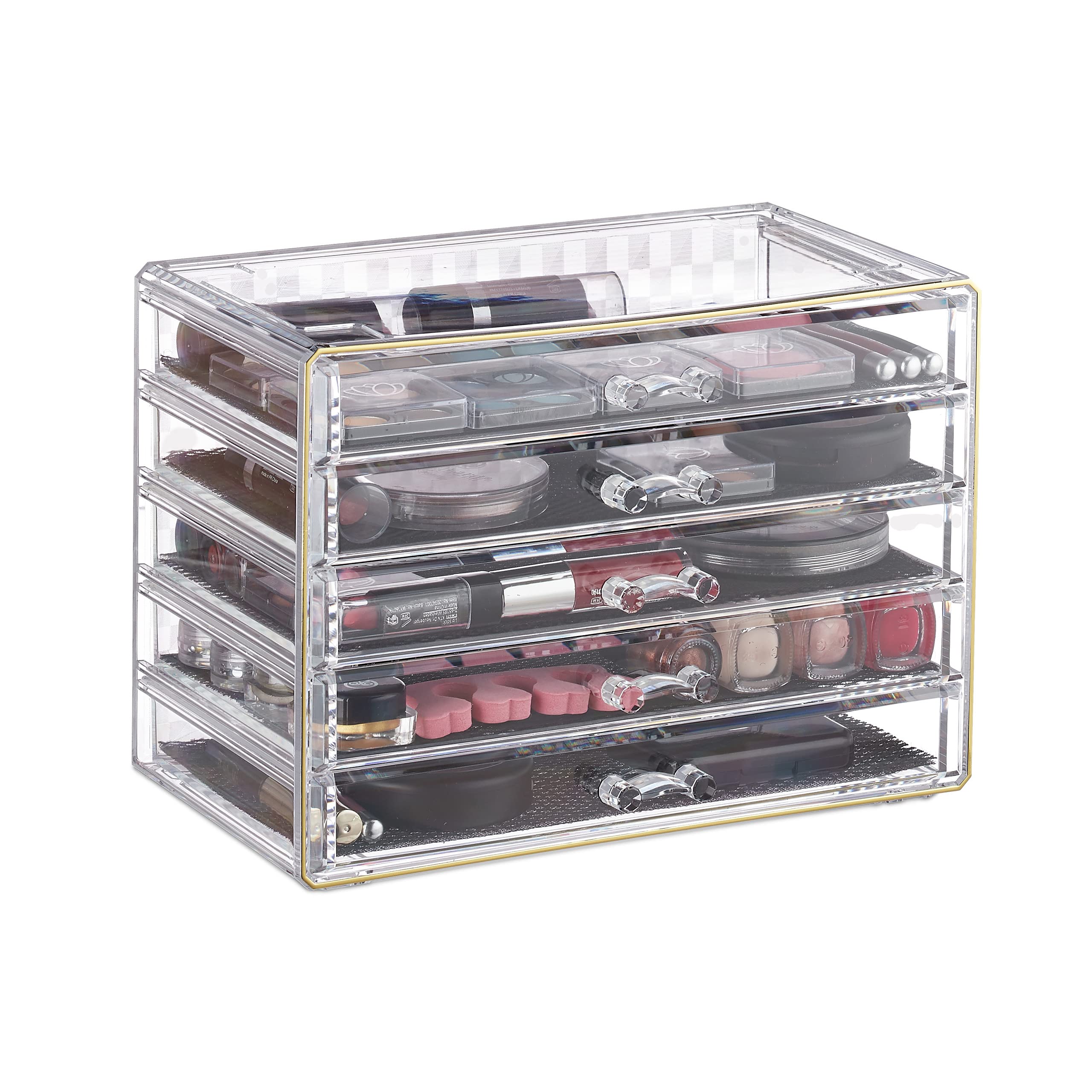 relaxdays-kosmetik-organizer-acryl-5-schubladen-transparent-gold-23-5-cm image 1