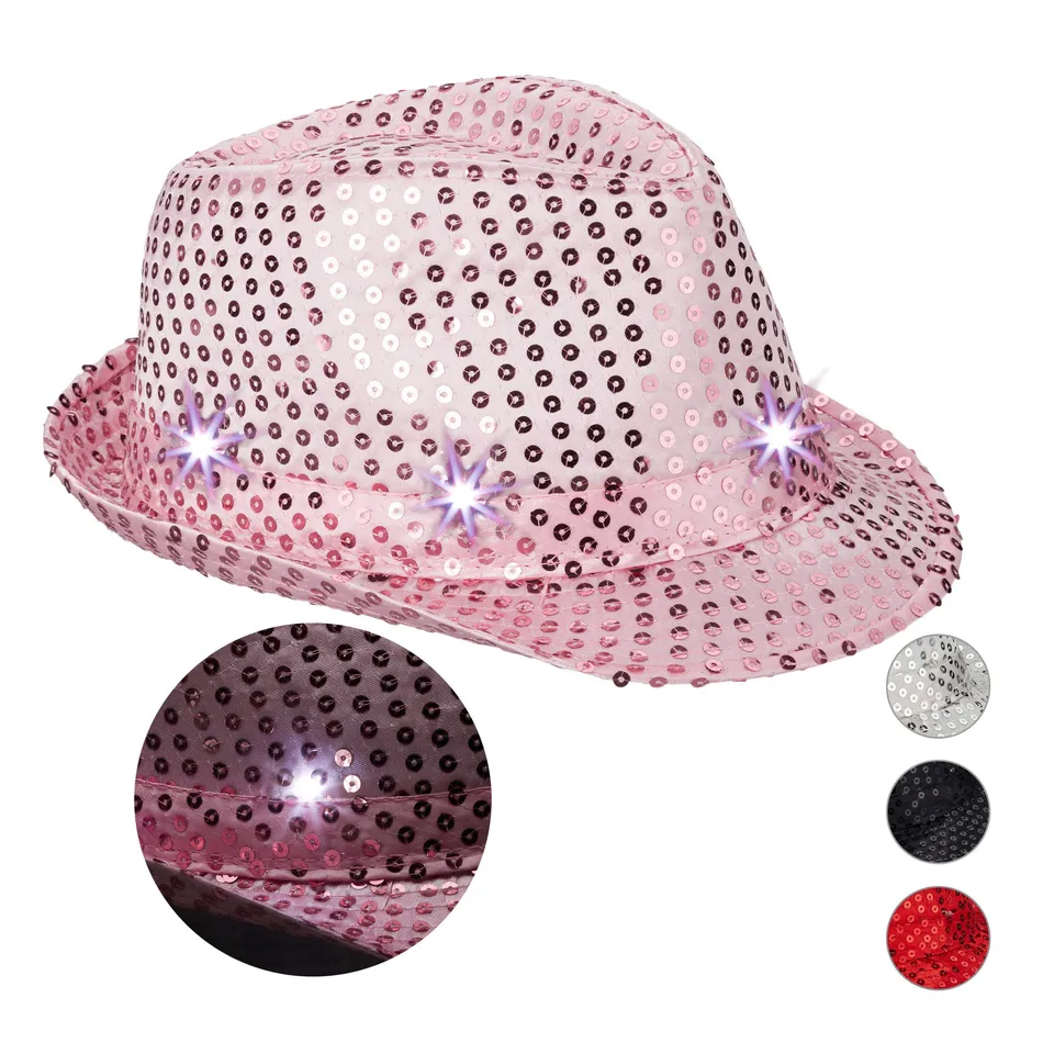 relaxdays-10023897-52-pailletten-hut-mit-led-partyhut-pink image 1