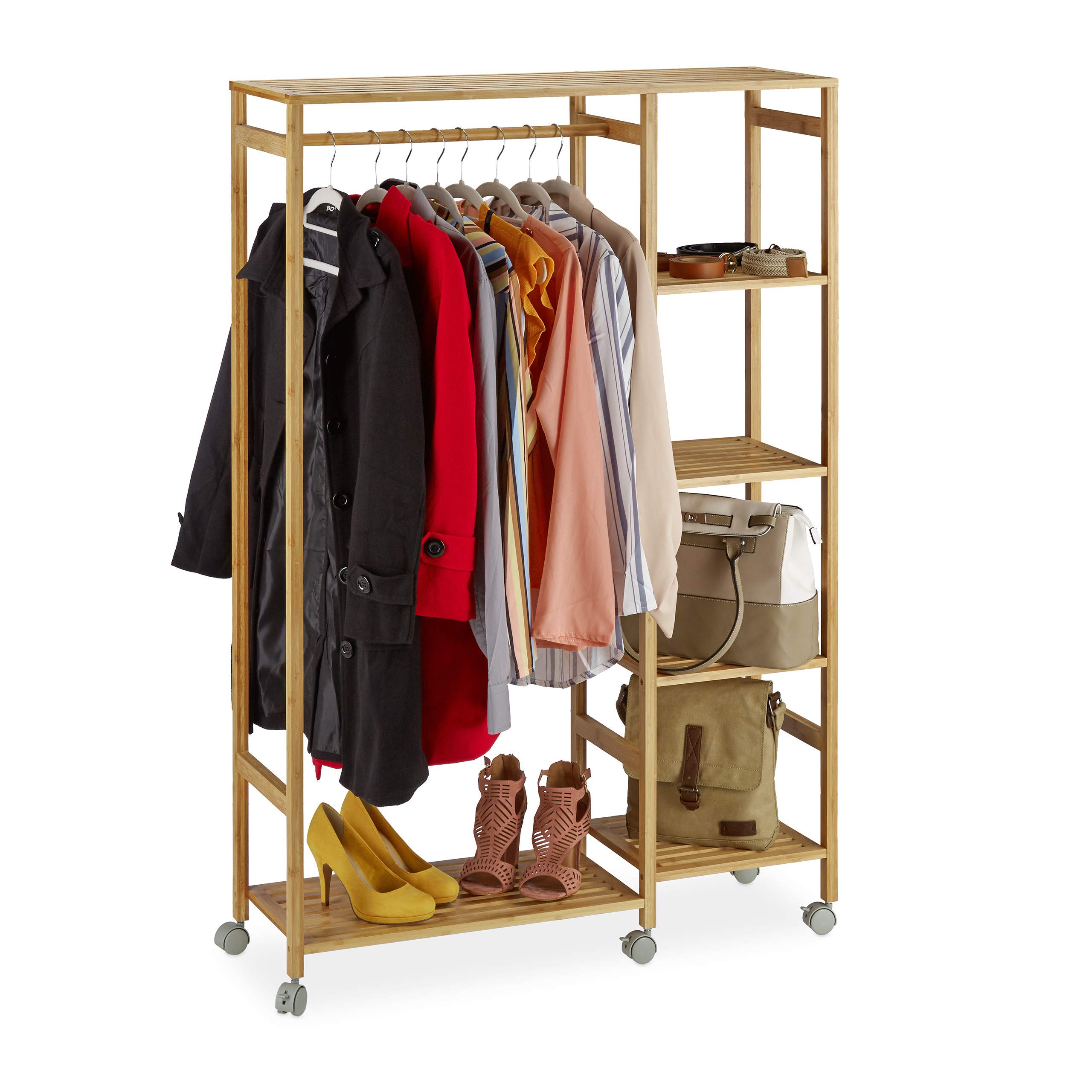 relaxdays-rollgarderobe-bambus-mobil-6-ablagen-mit-kleiderstange-natur image 1