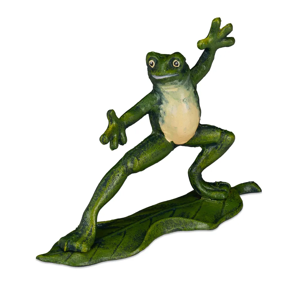relaxdays-gartenfigur-frosch-auf-blatt-gusseisen-gr-n-14-5x19-5x6-cm image 1