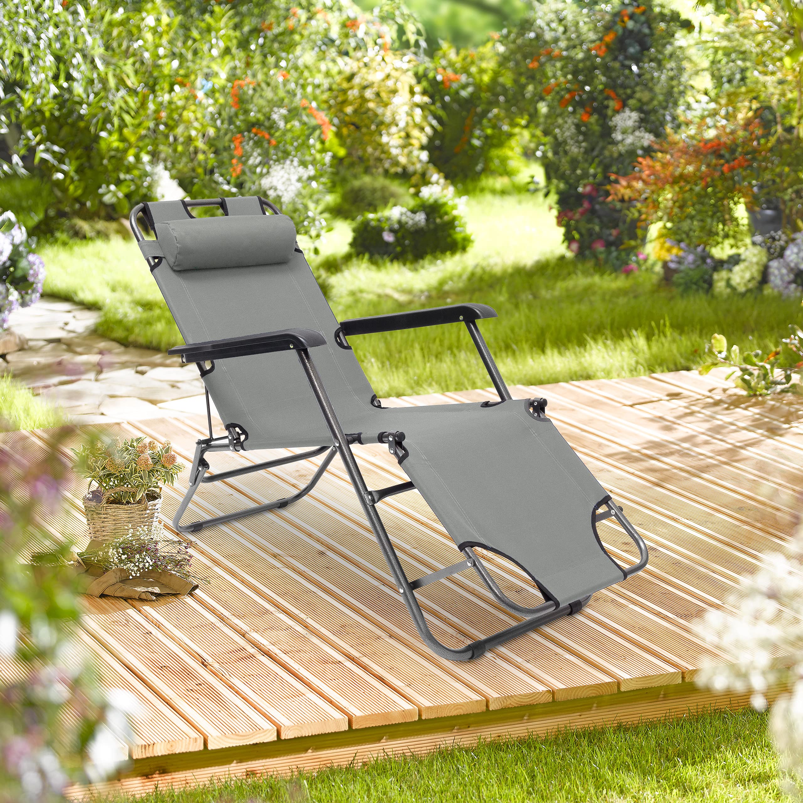 relaxdays-liegestuhl-sonnenliege-klappbar-anthrazit-mit-kissen image 2