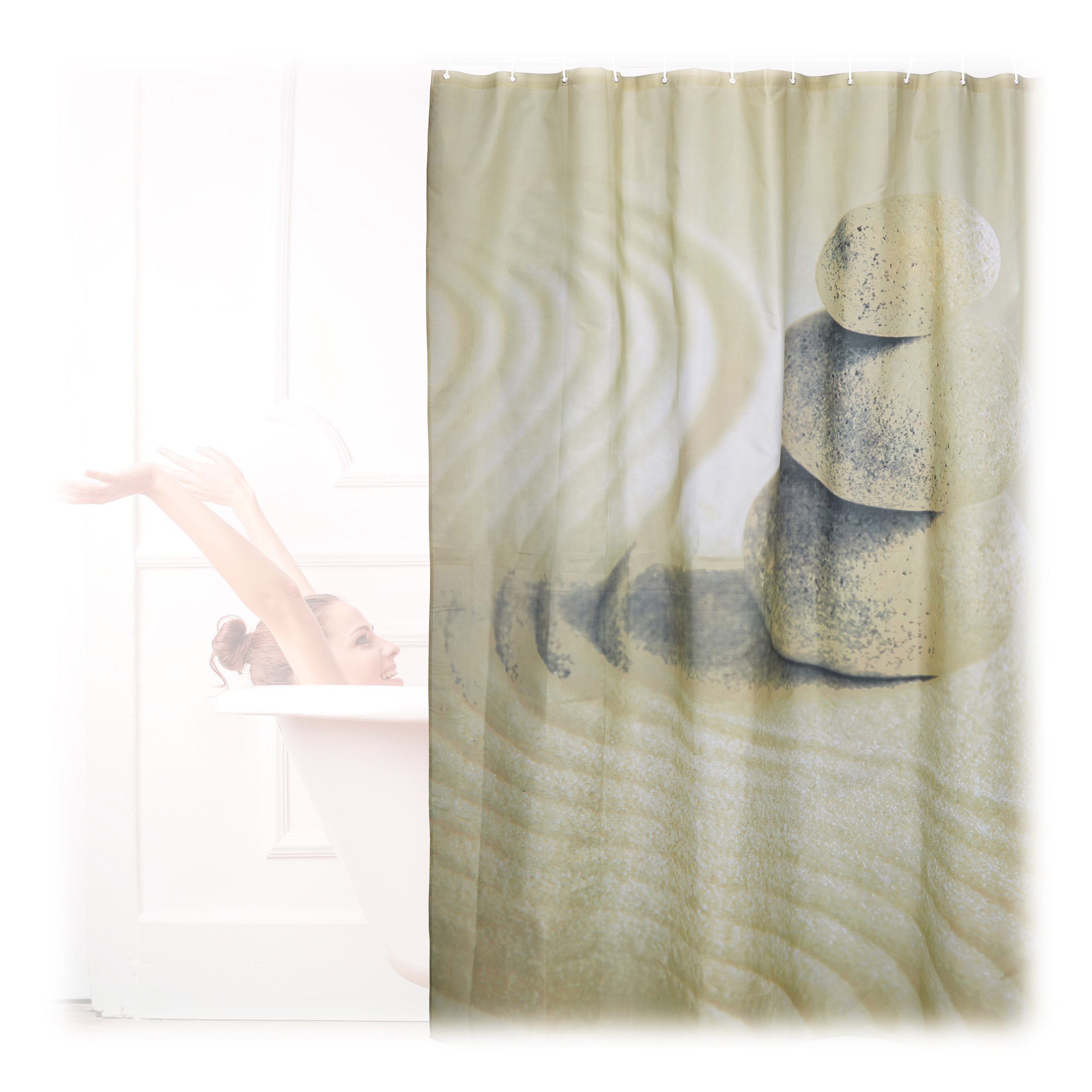 relaxdays-duschvorhang-steine-zen-200x180-cm-beige-waschbar image 1