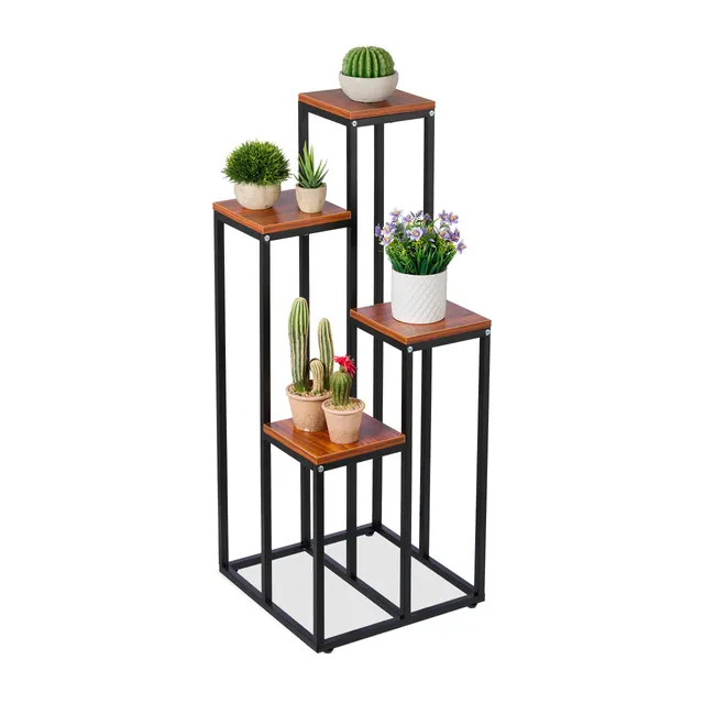 relaxdays-blumentreppe-4-ablagen-schwarz-braun-stahl-mdf-100x40x40-cm image 1