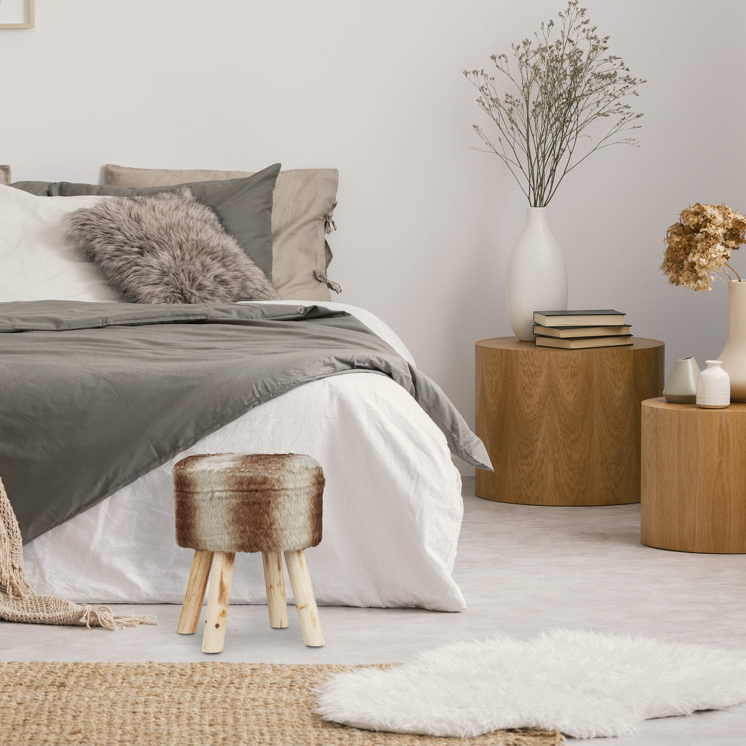 relaxdays-fellhocker-rund-42x33-cm-sitzhocker-kunstfell-holzbeine-grau-braun image 2