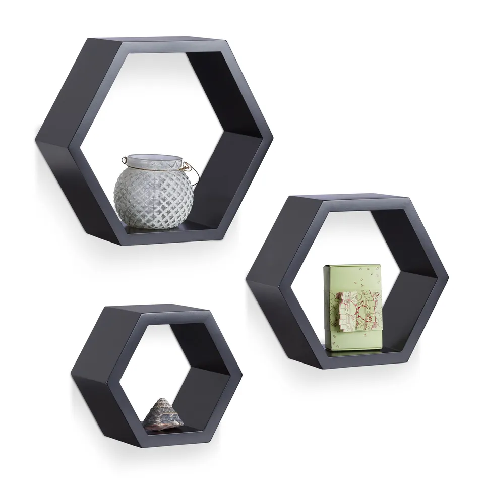 relaxdays-wandregale-sechseckig-schwarz-3er-set-mdf-waben image 1
