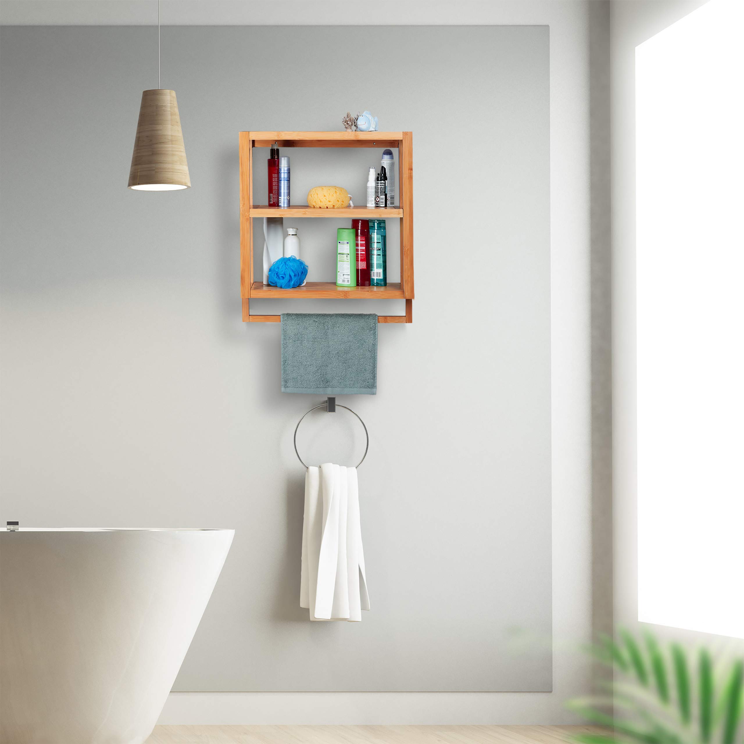 relaxdays-wandregal-bambus-mit-3-ablagen-und-handtuchstange-natur image 3