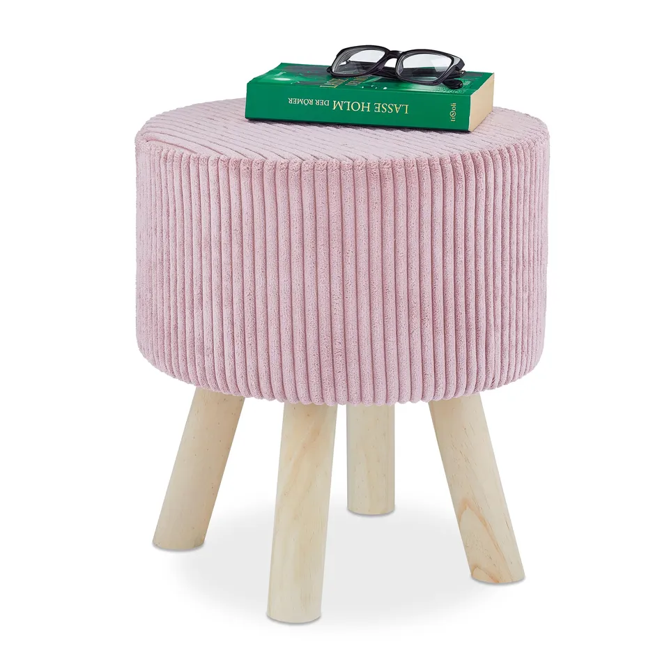relaxdays-samthocker-rund-rosa-kordsamt-41-x-37-cm-mit-holzbeinen image 1