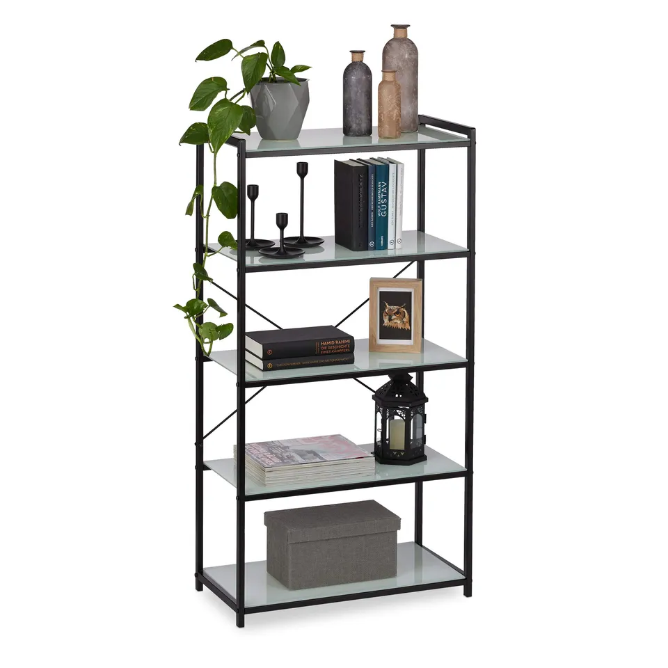 relaxdays-standregal-glas-metall-5-f-cher-114-5x60x30-cm-schwarz image 1