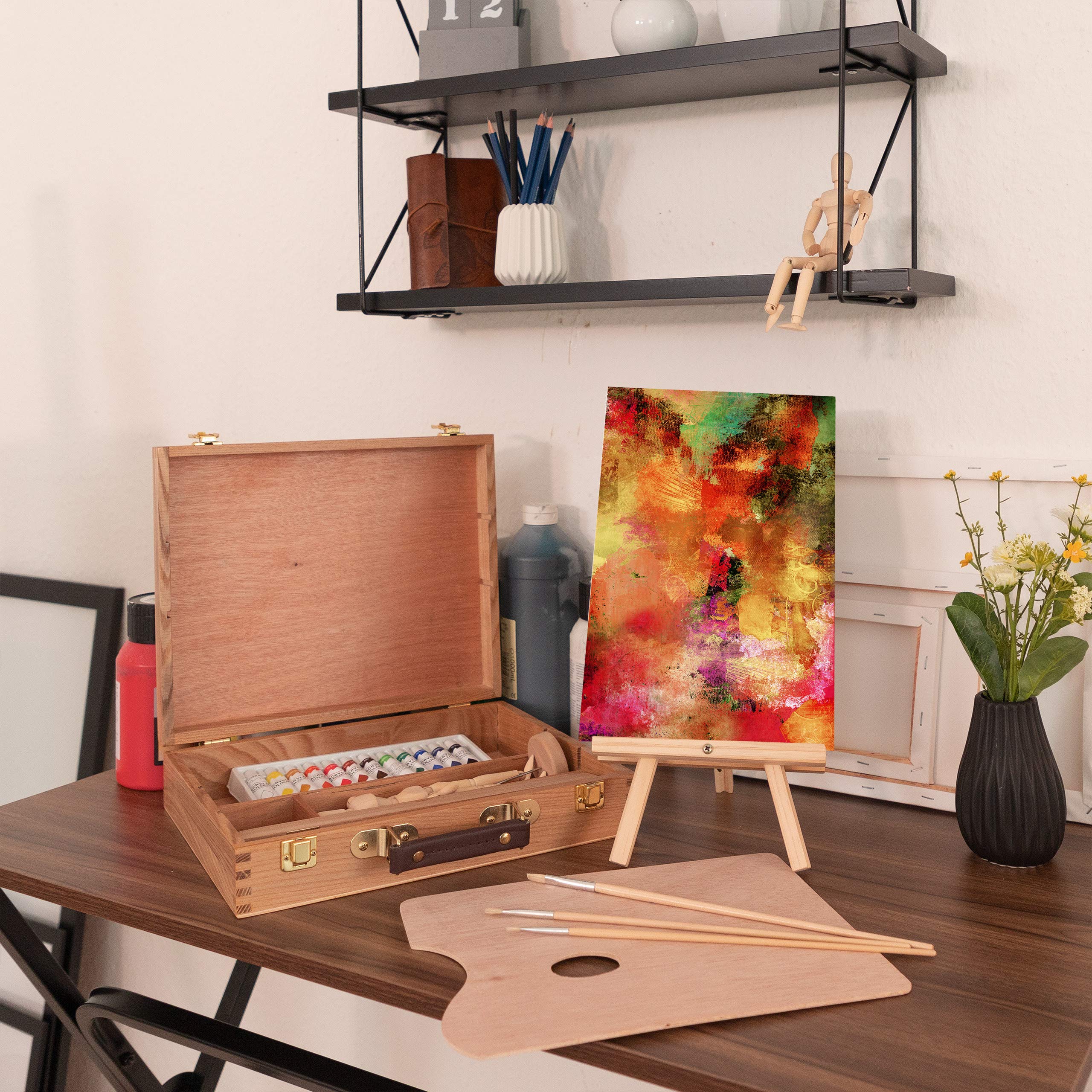 relaxdays-malkoffer-22-tlg-malset-holz-natur-mit-staffelei-und-acrylfarben image 2