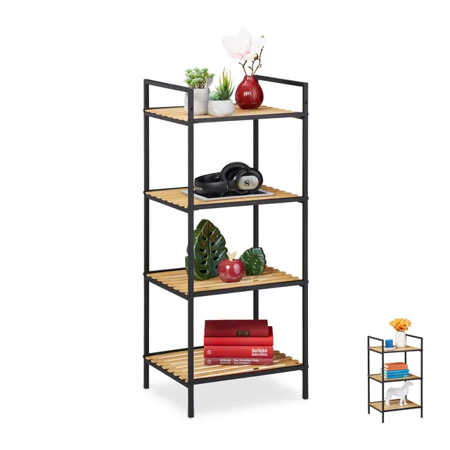 relaxdays-standregal-4-ablagen-bambus-metall-95-x-39-x-32-5-cm-braun-schwarz image 1