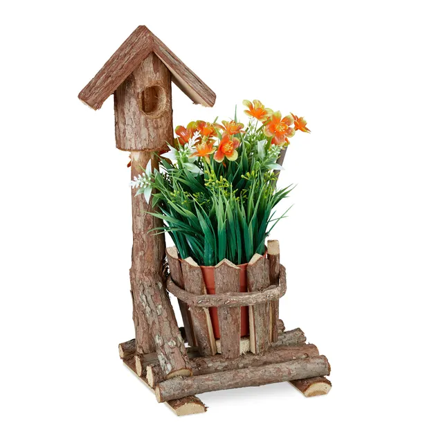 relaxdays-holz-blumentopf-mit-vogelhaus-34x17x13-cm-bertopf-baumrinde-braun image 1