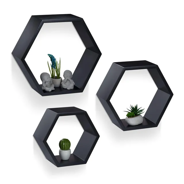 relaxdays-wandregale-sechseckig-3er-set-h-ngeregal-mdf-schwarz image 1