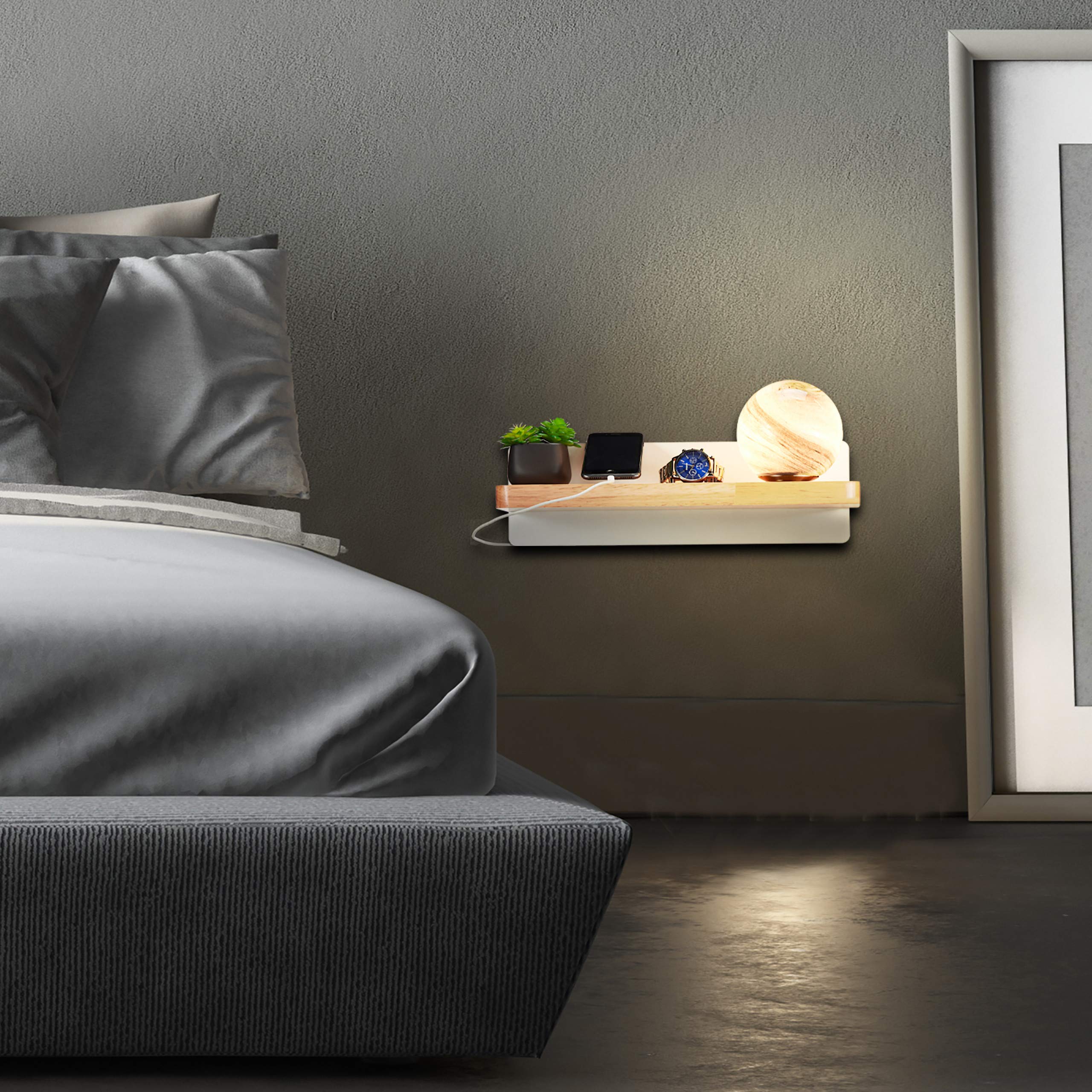 relaxdays-wandregal-holz-glas-mit-usb-und-wandlampe-natur-grau image 2
