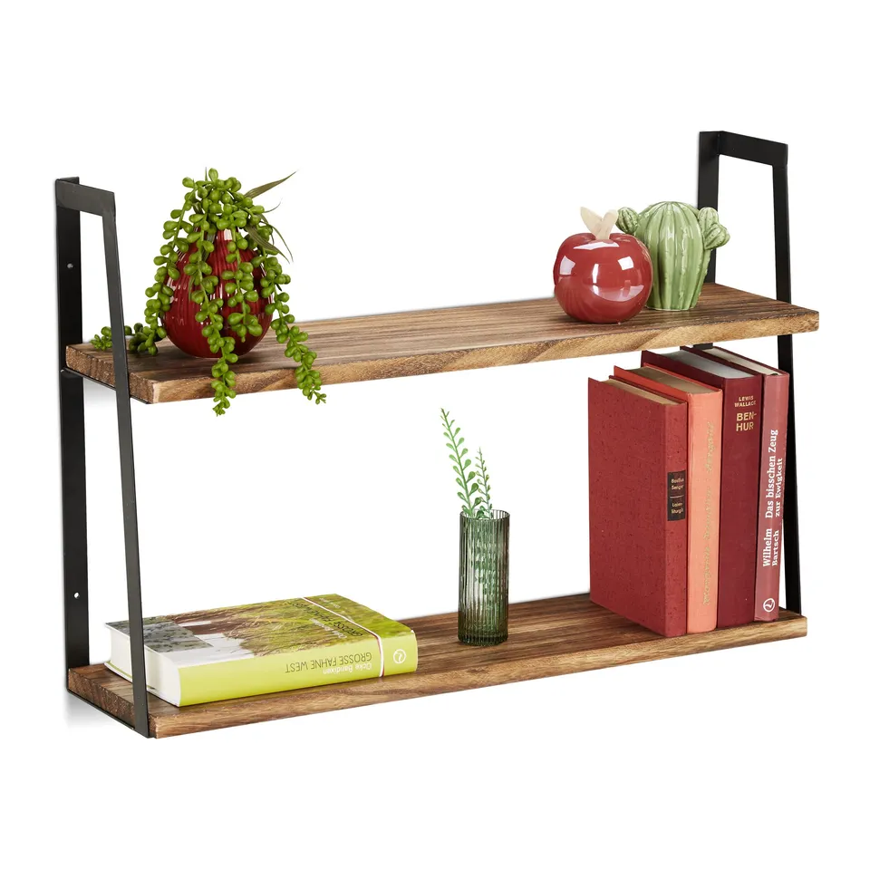 relaxdays-wandregal-mit-2-ablagen-40-x-60-x-15-cm-metall-holz-natur-schwarz image 1