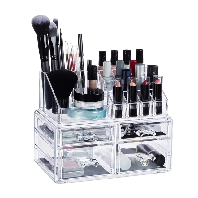 relaxdays-make-up-organizer-kosmetikregal-acryl-transparent-mit-4-schubladen image 1