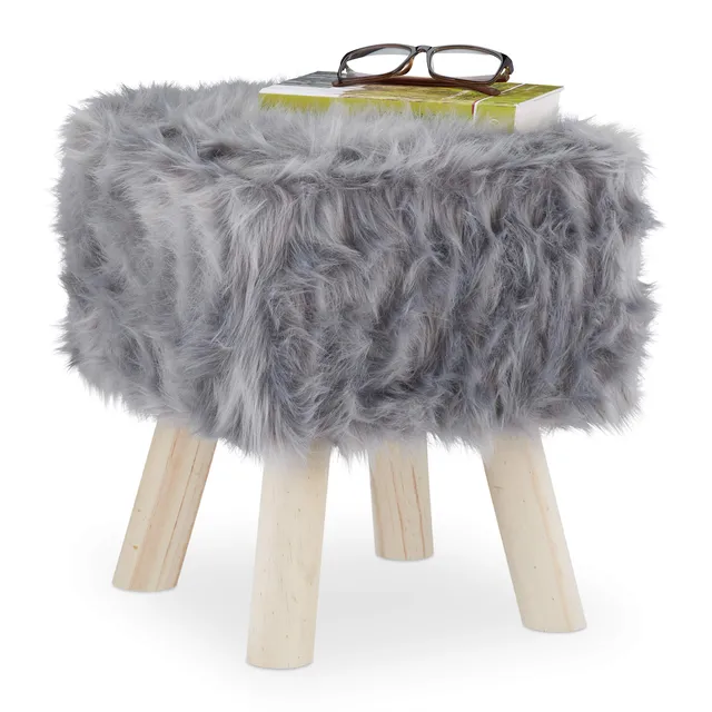 relaxdays-fellhocker-kunstfell-grau-mit-holzbeinen-37x32x32-cm image 1
