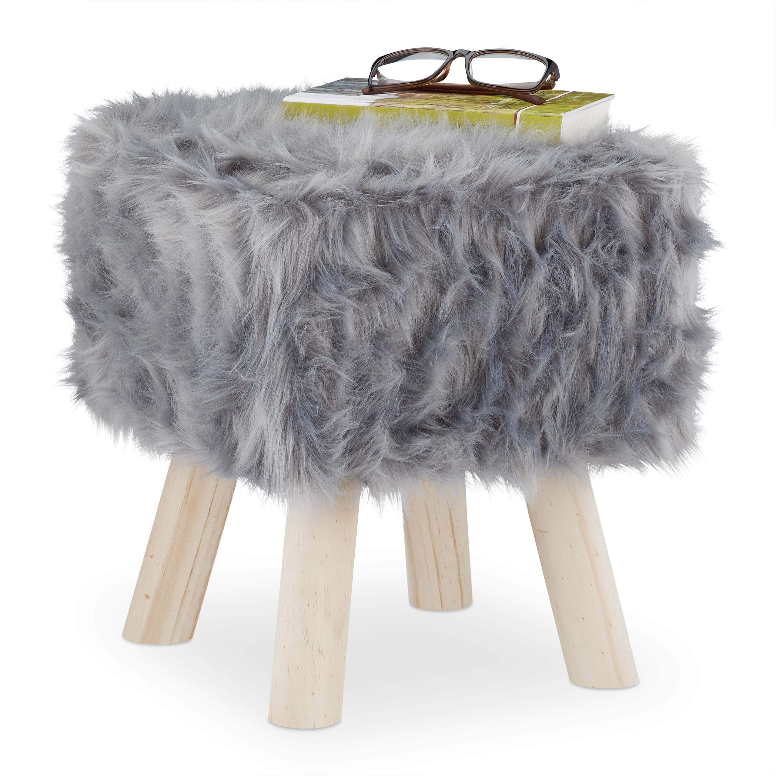 relaxdays-fellhocker-kunstfell-grau-mit-holzbeinen-37x32x32-cm image 1