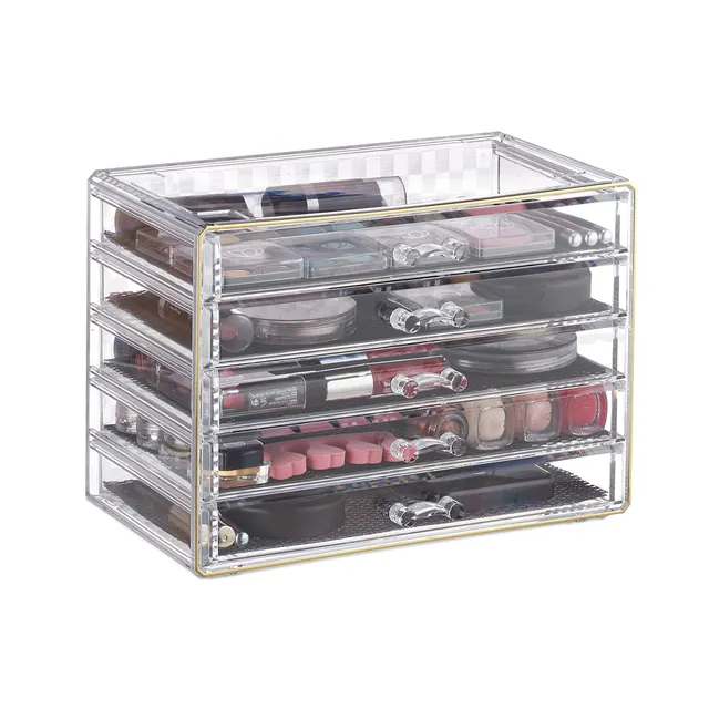 relaxdays-kosmetik-organizer-acryl-5-schubladen-transparent-gold-23-5-cm image 1