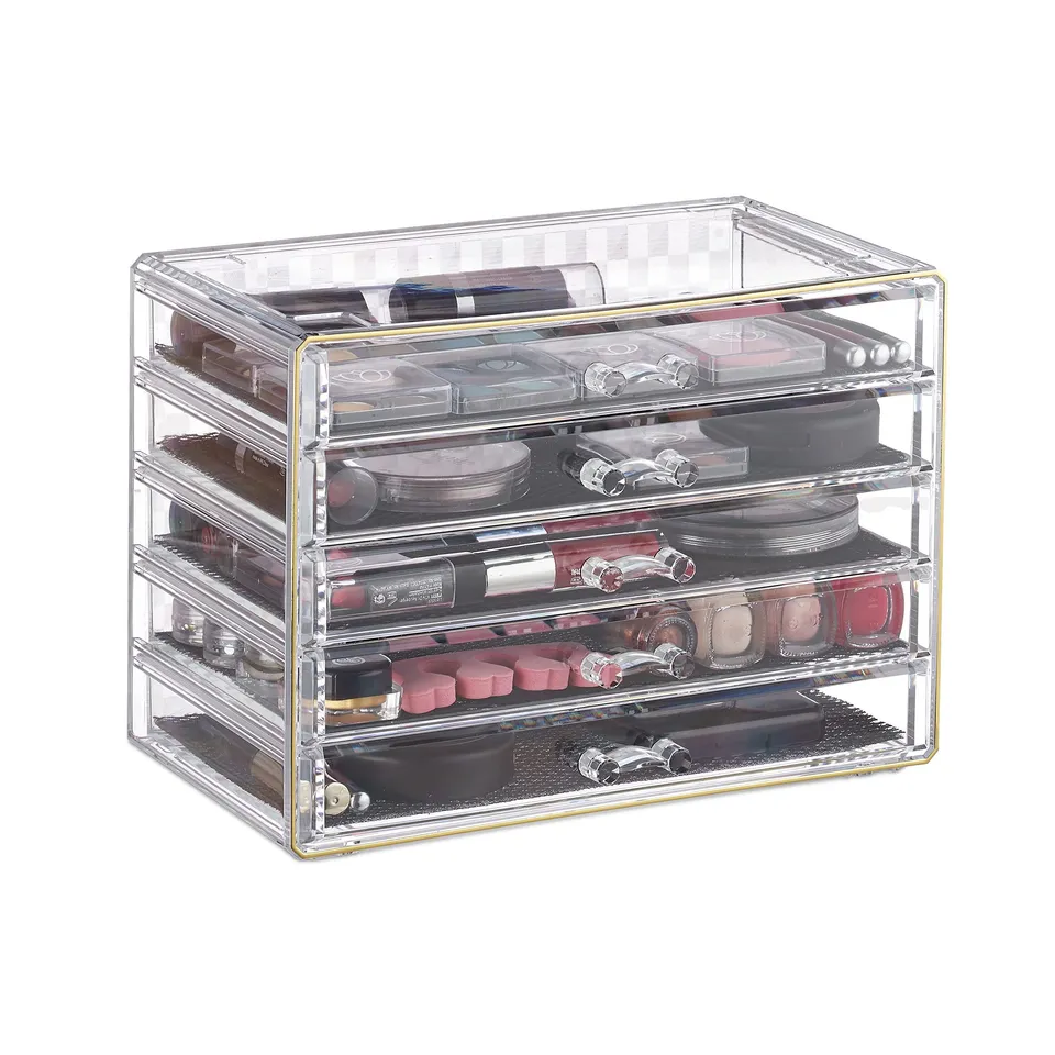 relaxdays-kosmetik-organizer-acryl-5-schubladen-transparent-gold-23-5-cm image 1