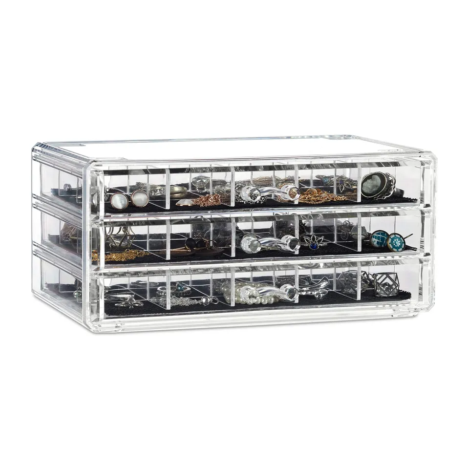 relaxdays-make-up-organizer-acryl-schmuckkasten-transparent-mit-3-schubladen image 1