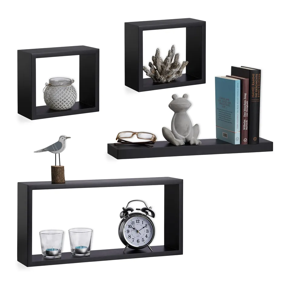 relaxdays-wandregal-4er-set-cube-holz-schwarz image 1