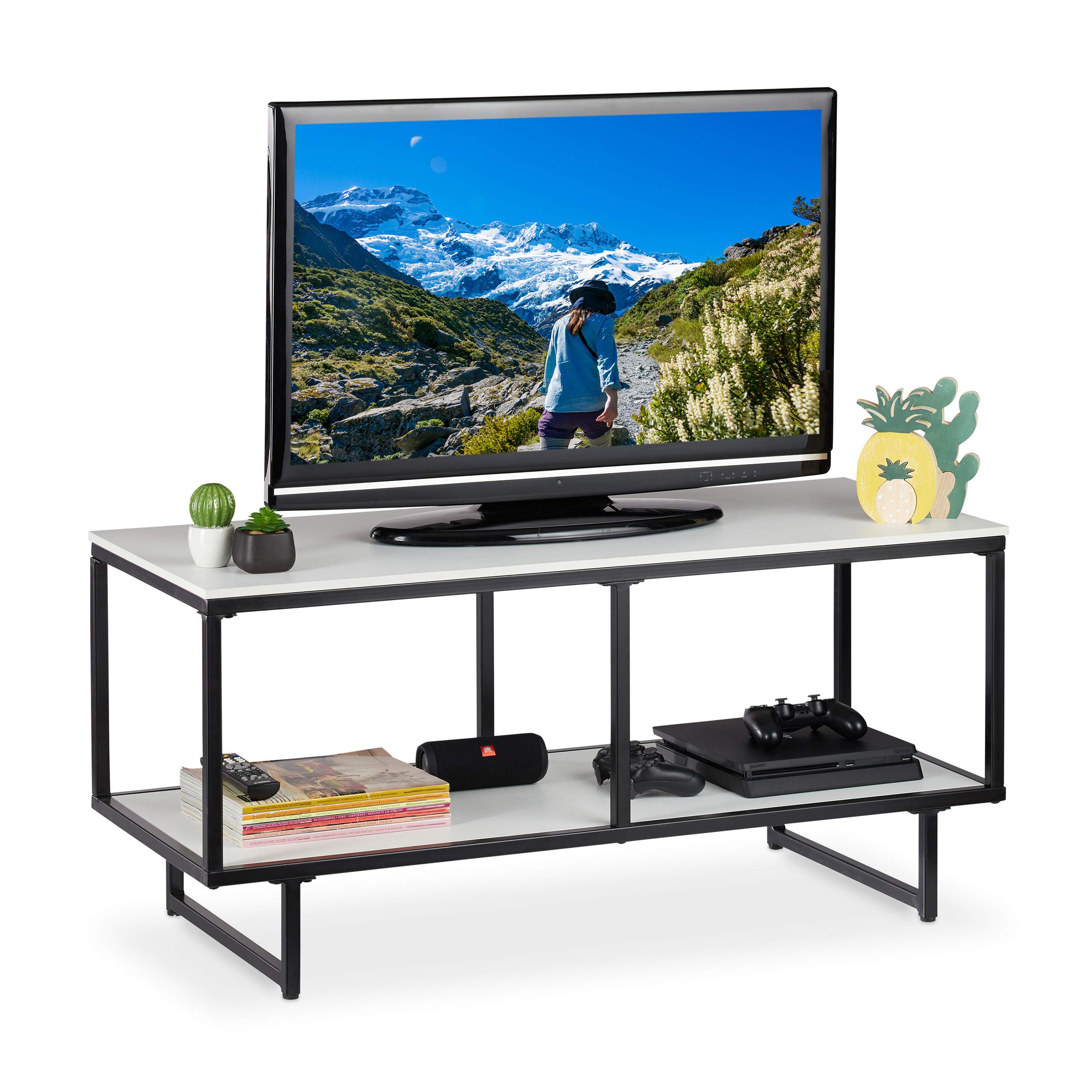 relaxdays-tv-lowboard-110-5cm-mit-2-ablagen-wei-schwarz image 1