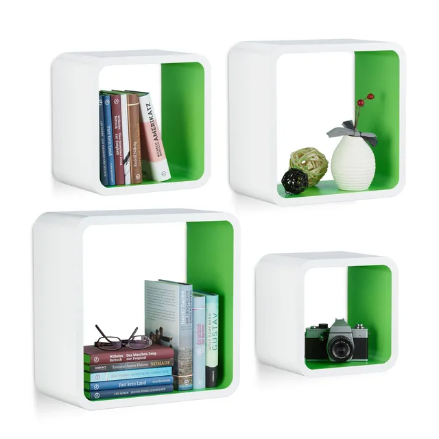 relaxdays-wandregal-cube-4er-set-mdf-wei-gr-n-quadratisch image 1