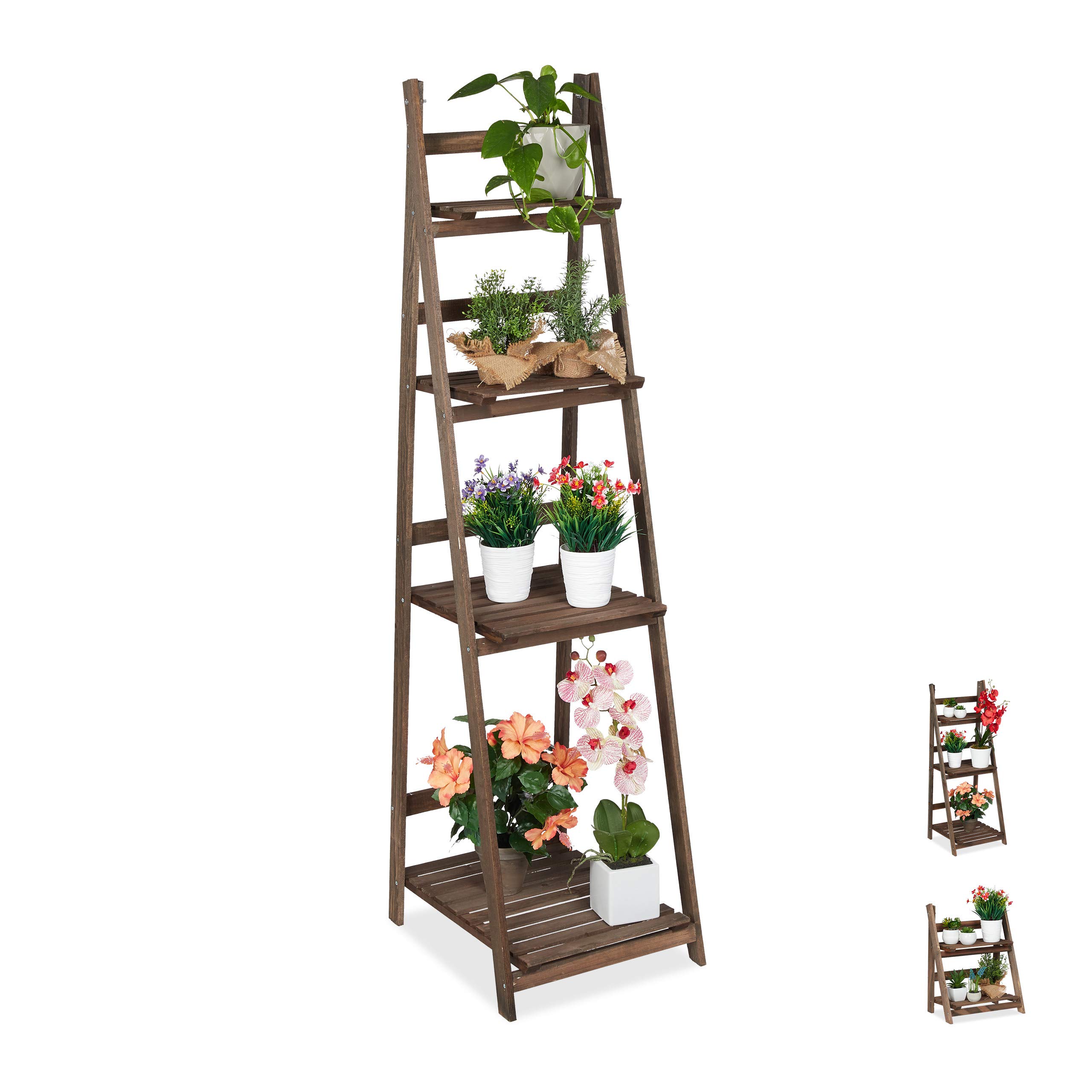 relaxdays-blumentreppe-4-stufig-holz-klappbar-dunkelbraun-160x41x49-cm image 1