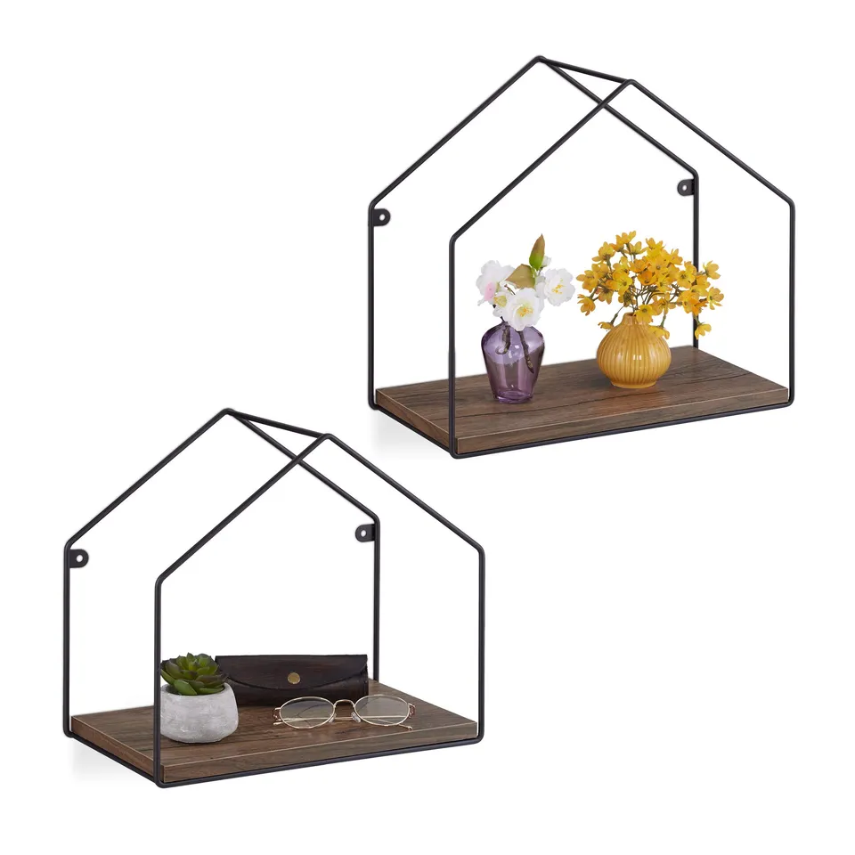 relaxdays-wandregal-hausform-2er-set-schwebend-metall-holzoptik-braun-schwarz image 1