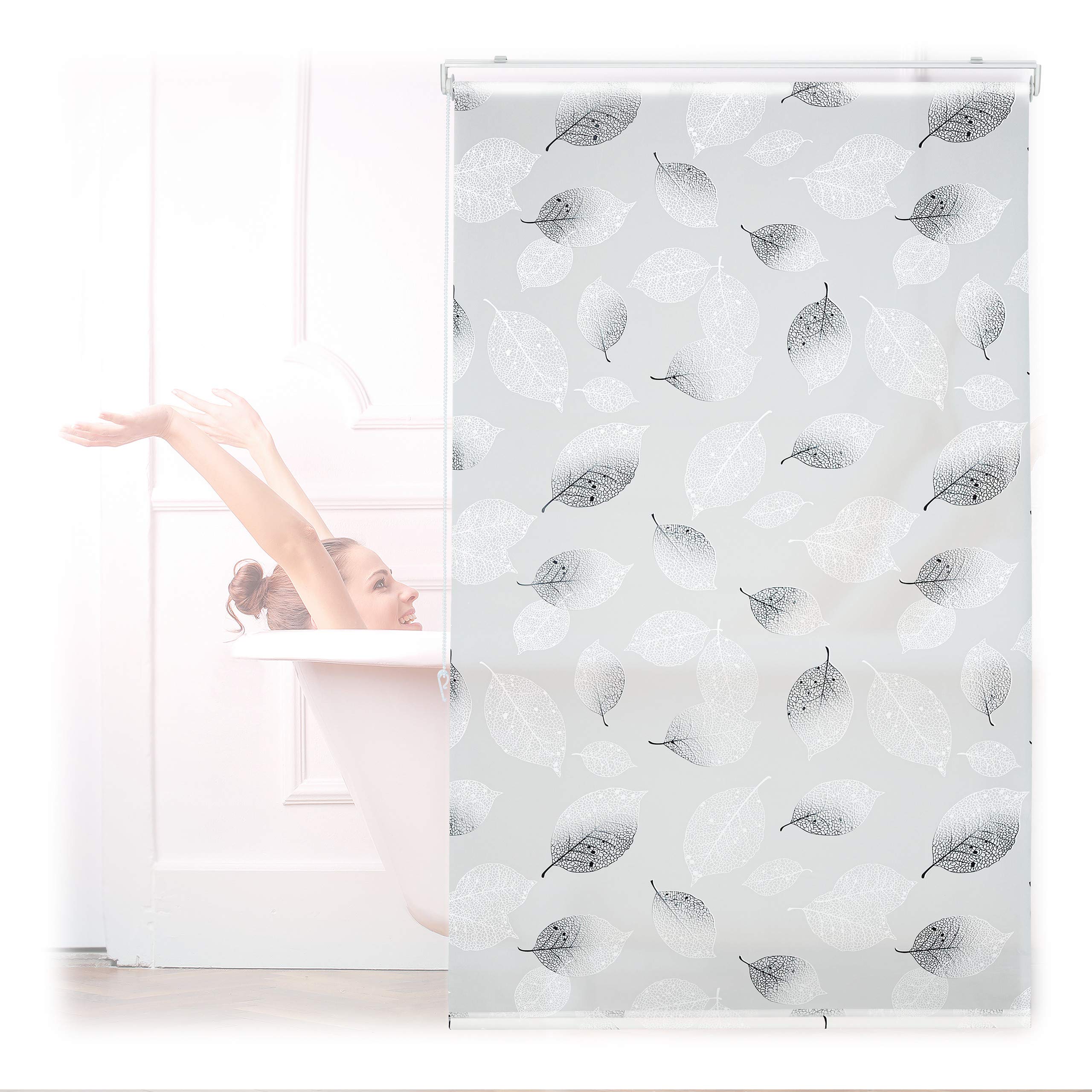 relaxdays-duschrollo-100-x-240-cm-blatt-schwarz-wei-seilzug image 1
